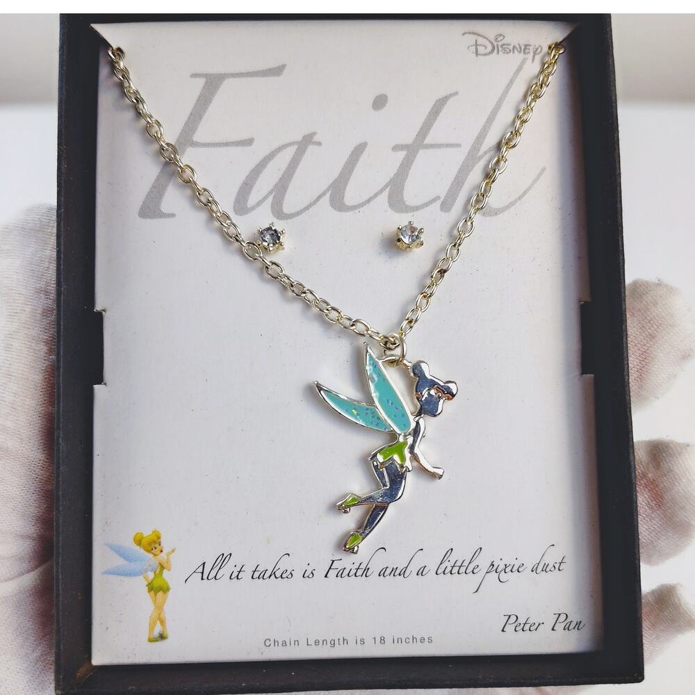 Disney Tinker Bell Necklace and Earring Set Silver Tone NIB - Picture 3 of 9